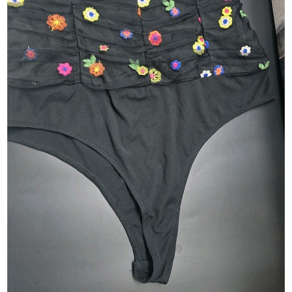 TCEC Women's Black Floral Bodysuit Halter Large Embroidered Flowers Snap Bottom - Picture 4 of 7